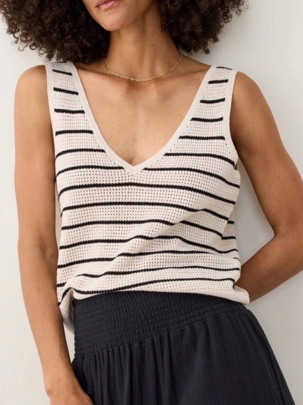 Marine Layer Finley Stripe Sweater Tank in Cream and Black Striped V-Neck Knit
